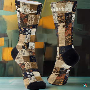 Chaussette Fleurs vintage en patchwork – Navy et beige sur me