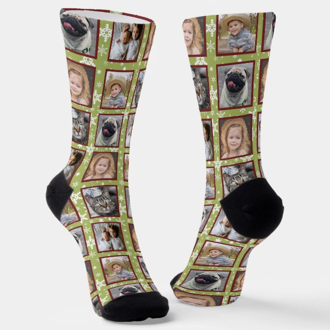 Chaussette Flocon de neige 5 Custom Family Photo Collage Vert (Angulaire)