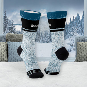 Chaussette Flocons de neige bleus sport rayés de Noël