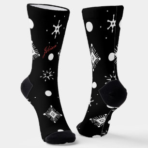 Chaussette Flocons de Noël Noir Blanc Nom Script Rouge