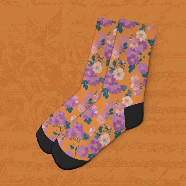 Chaussette Floral rose et violet moderne sur orange (Créateur téléchargé)