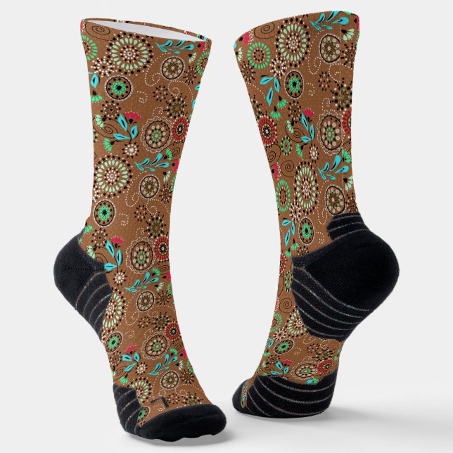 Chaussette Folk ethnique abstrait motif floral brun rétro (Angulaire)