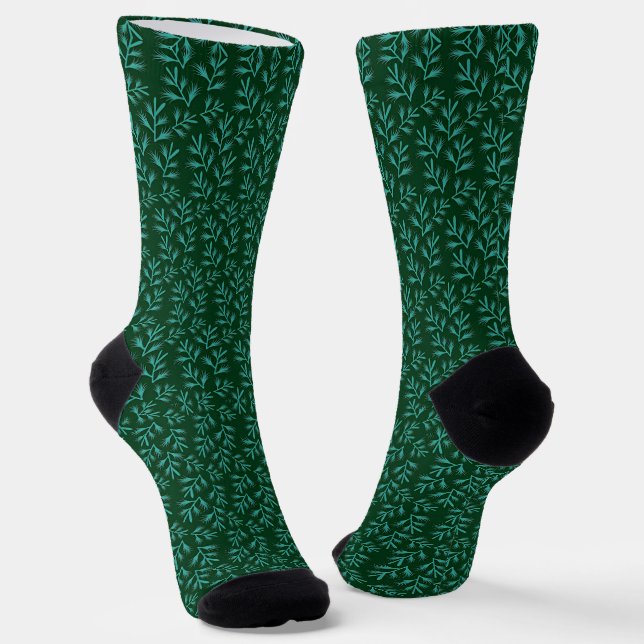 Chaussette Fond vert foncé avec feuilles botaniques sarcelle (Angulaire)
