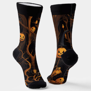 Chaussette Forêt hantée avec citrouille de Halloween