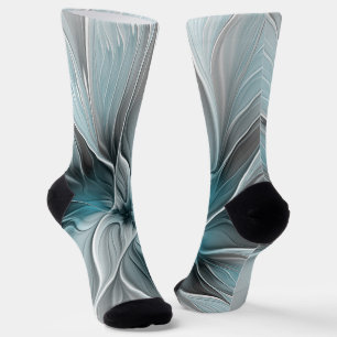 Chaussette Fractal Floral Moderne Abstrait Fleur Bleu Gris