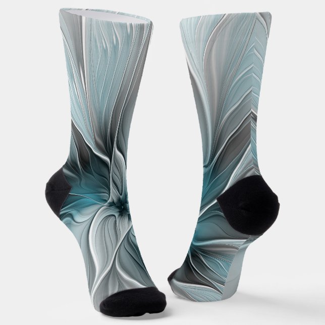 Chaussette Fractal Floral Moderne Abstrait Fleur Bleu Gris (Angulaire)