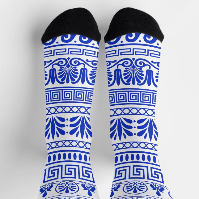 Chaussette Fret grec, Motif méditerranéen, Bleu (Haut)