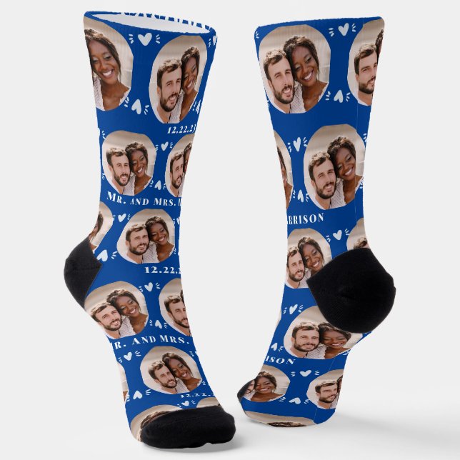 Chaussette Fun Deep Blue Newlyweds Motif photo (Angulaire)