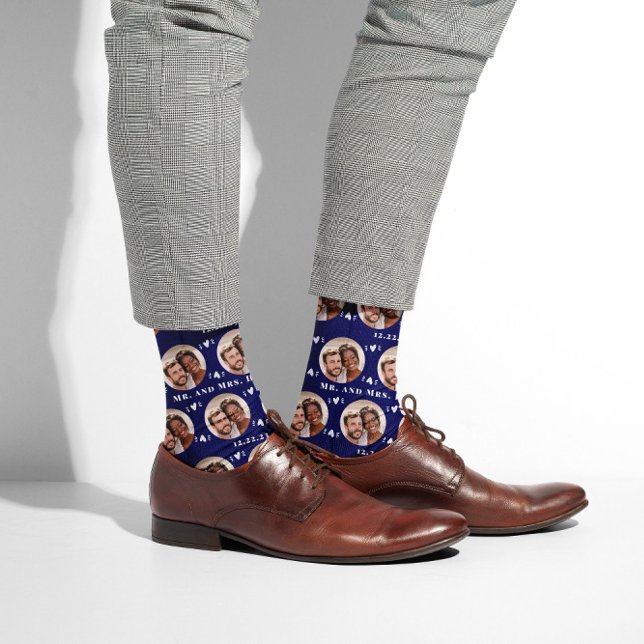 Chaussette Fun Navy Blue Newlyweds Photo Motif (Créateur téléchargé)