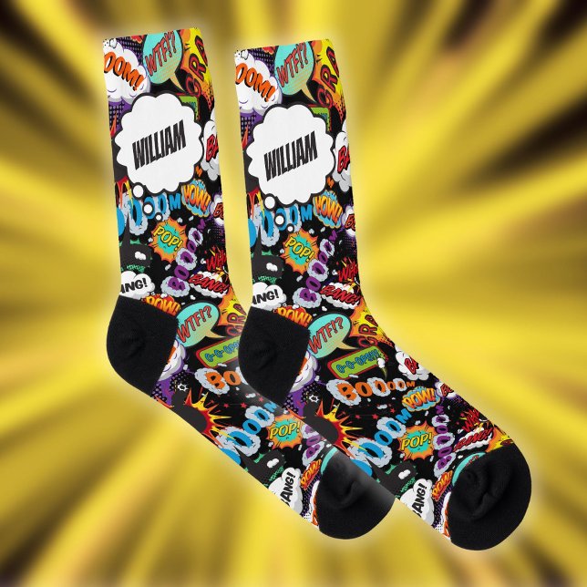 Chaussette Fun Nom Personnalisé Comic Book Noir (Fun Personalized Name Comic Book Black Socks)