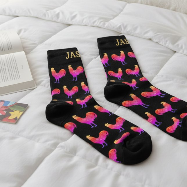 Chaussette Fun Red Rooster Socks with Custom Name (Personalized colorful red rooster socks!)