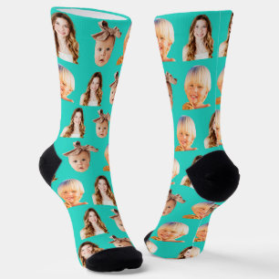 Chaussette Funny Custom Maman de 3 enfants Photo Turquoise