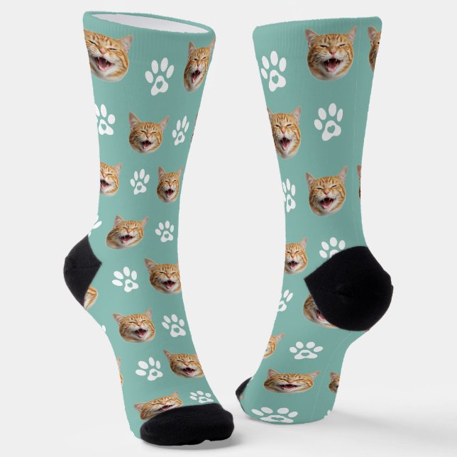 Chaussette Funny Custom Photo de chat avec Motif Paw Turquois (Angulaire)