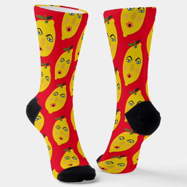 Chaussette Funny Whimsical Lemon Motif Rouge (Angulaire)
