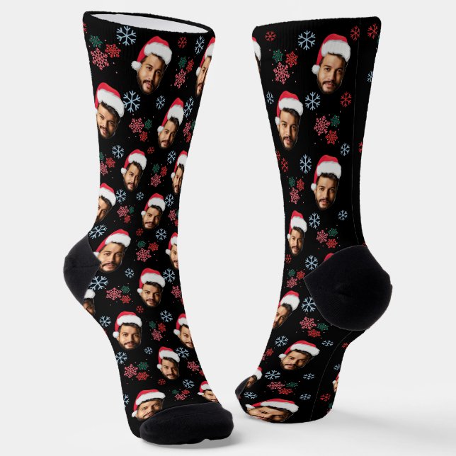 Chaussette Funny Xmas Santa Face Photo & Snowflake Festive (Angulaire)