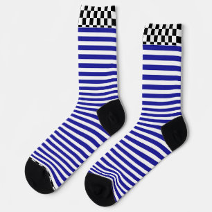 Chaussette Garniture à carreaux noirs et blancs Rayure bleue 