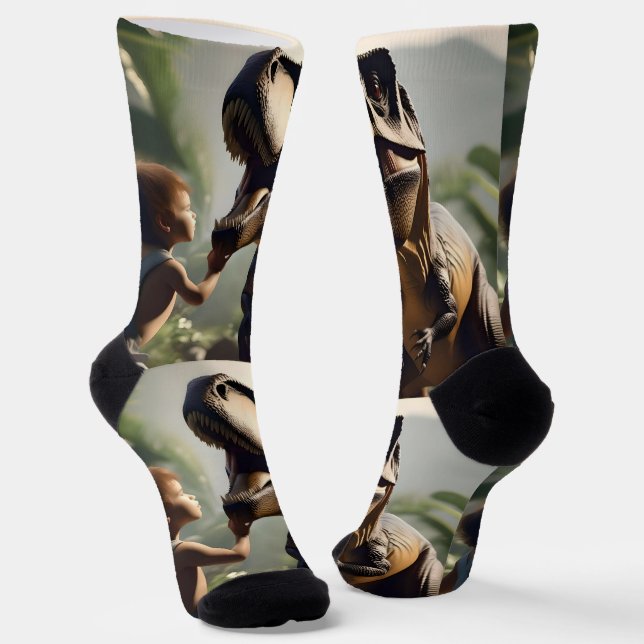 Chaussette Géant doux : Le T-Rex amical qui aime un chat (Angulaire)