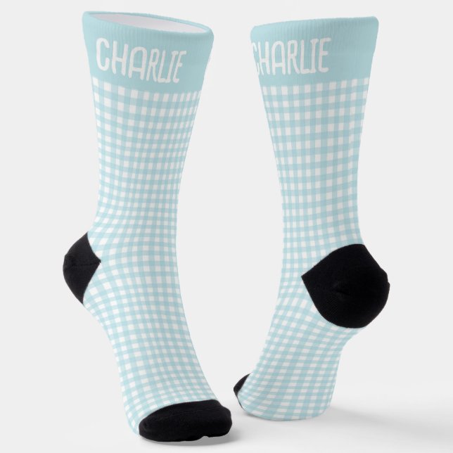 Chaussette Gingham Bleu et Carreaux Blancs Nom Personnalisé R (Angulaire)