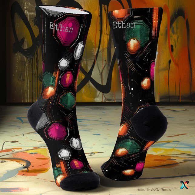 Chaussette Glow géométrique en émeraude, magenta en noir (Créateur téléchargé)