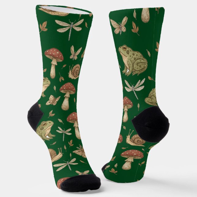 Chaussette Goblincore Mushroom Frog Snail Dragonfly Pattern (Angulaire)