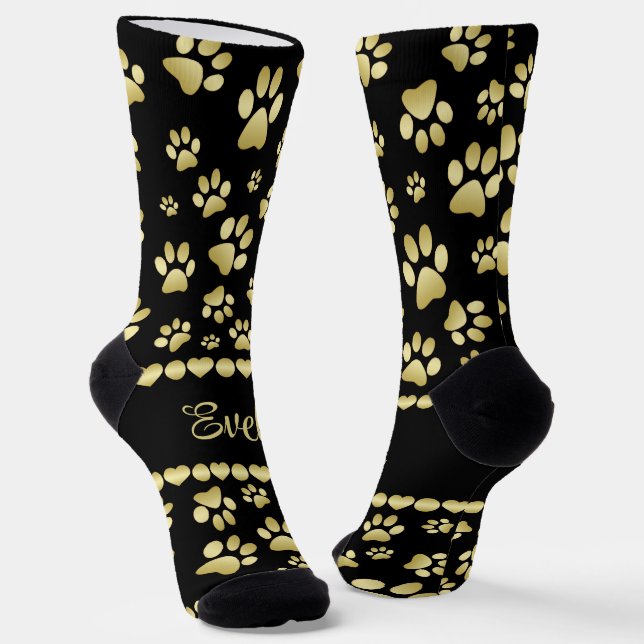 Chaussette Golden Paw Prints on Black with Custom Name (Angulaire)