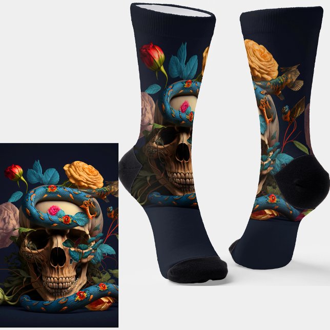 Chaussette Goth Crâne, serpent bleu et fleurs sur bleu (Créateur téléchargé)