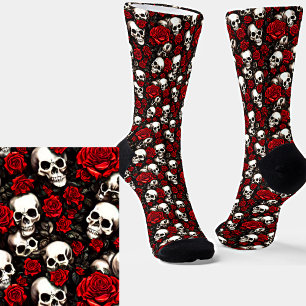 Chaussette Goth Crânes blancs et roses rouges sur Noir