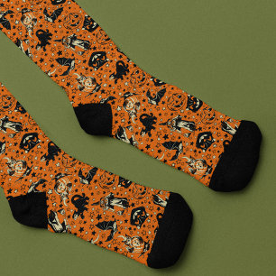 Chaussette Graphiques Halloween de style vintage orange et no