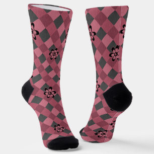 Chaussette Gray rose géométrique à damiers motif avec fleurs