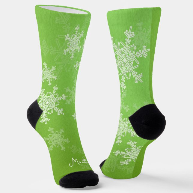 Chaussette Green White Snowflakes Minimaliste Nom de Noël (Angulaire)