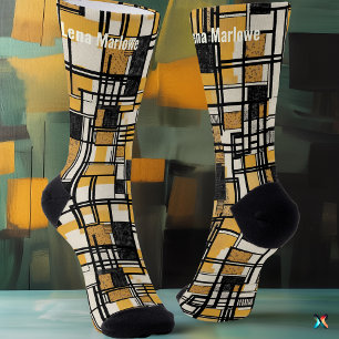 Chaussette Grille géométrique abstraite en moutarde et noir p