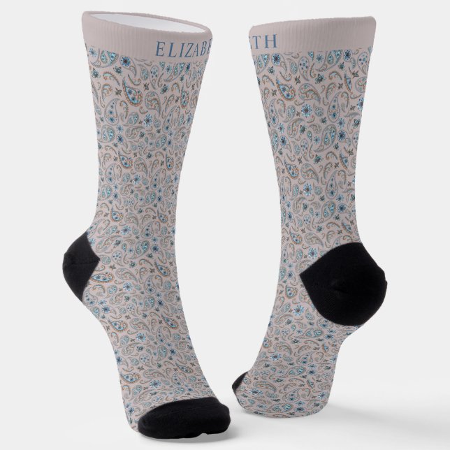 Chaussette Gris Tan beige et Motif bleu marron (Angulaire)