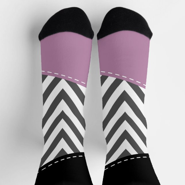Chaussette Gris Zigzag, Gris Chevron, Motif Zigzag, Violet (Haut)