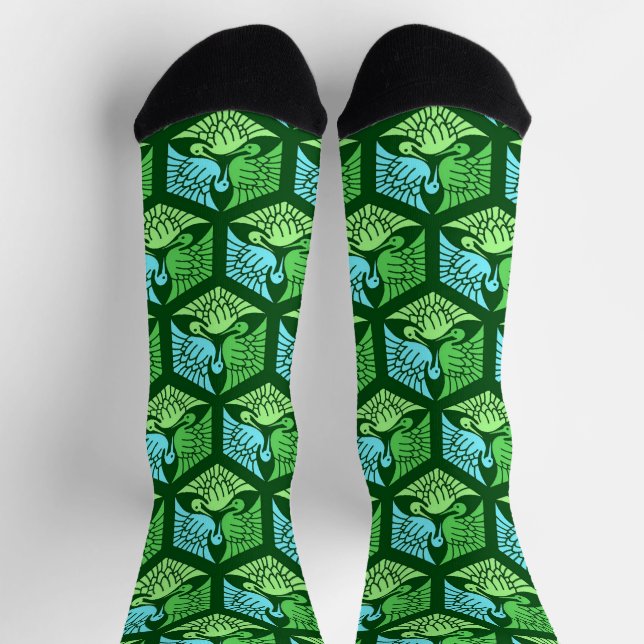 Chaussette Grues japonaises, vert jade et bleu clair (Haut)