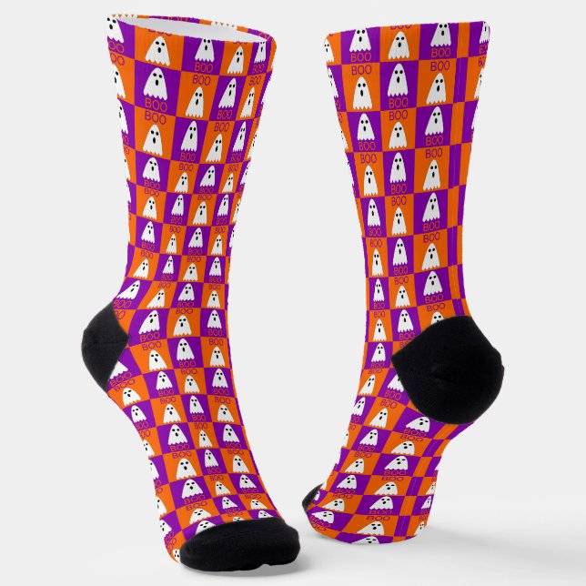 Chaussette Halloween Boo Ghost Purple et Carrés orange (Angulaire)