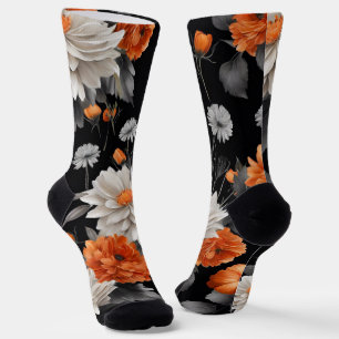 Chaussette Halloween Floral Orange Noir Novelté