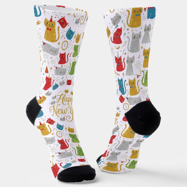 Chaussette Happy New Year Cats Pattern Crew Socks (Angulaire)