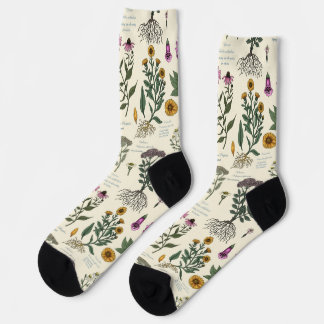 Chaussette Herbier de jardin médicinal sur fond blanc cassé