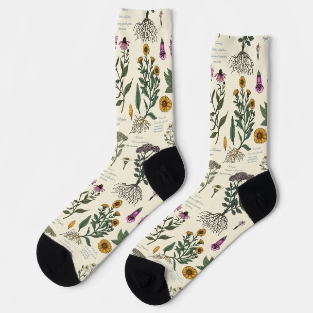 Chaussette Herbier de jardin médicinal sur fond blanc cassé (Gauche)