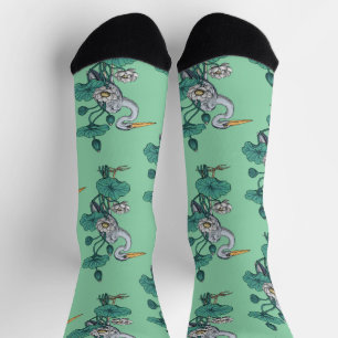 Chaussette Héron dans le jardin de lotus blanc sur jade