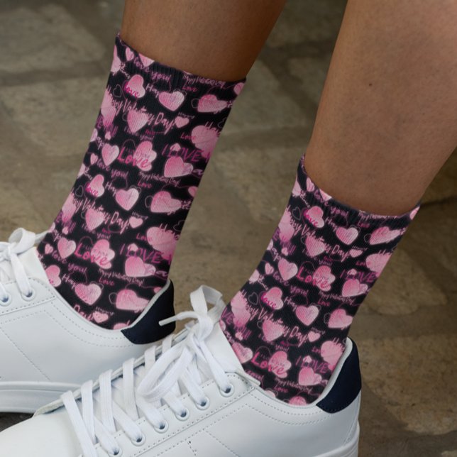 Chaussette Heureuse Sainte-Valentin Love Script Coeurs roses (Créateur téléchargé)