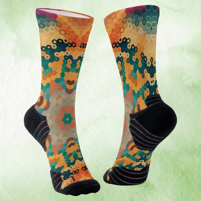 Chaussette Hex Mandala orange et bleu (Orange and Blue Hexagon Mandala Socks by Wormhole Orbital)