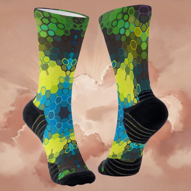 Chaussette Hex Mandala vert jaune et bleu (Green and Blue Hexagon Mandala Socks By Wormhole Orbital)