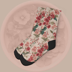 Chaussette Hibiscus Floral Rose Rouge 