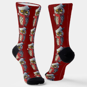 Chaussette Hibou de Noël portant un costume de Père Noël et u