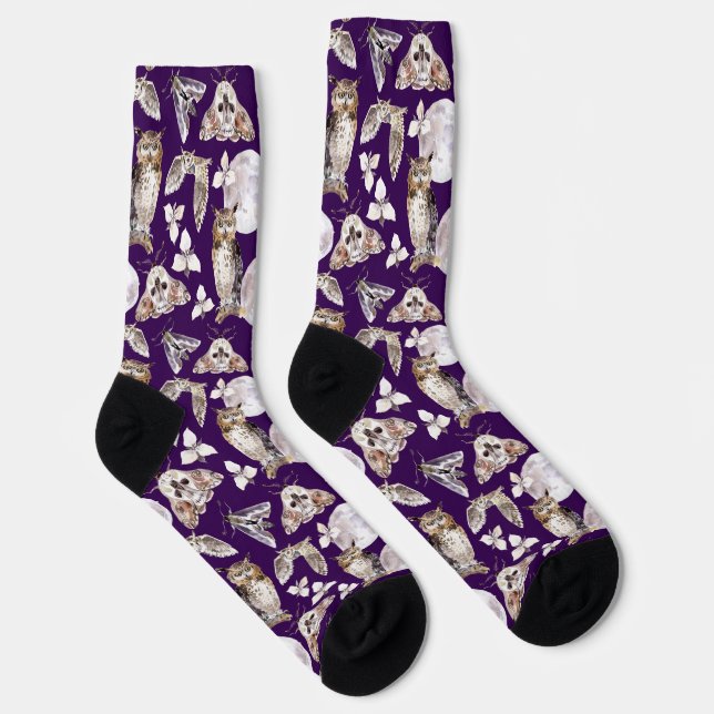Chaussette Hiboux Moths Pleine Lune Sur Violet (Droite)