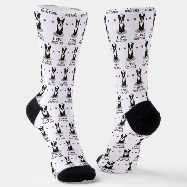 Chaussette I Love Bostons - Boston Terriers (noir & blanc) (Angulaire)