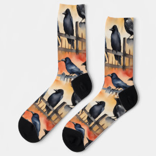 Chaussette Illustration aquarelle de corbeaux sur une clôture