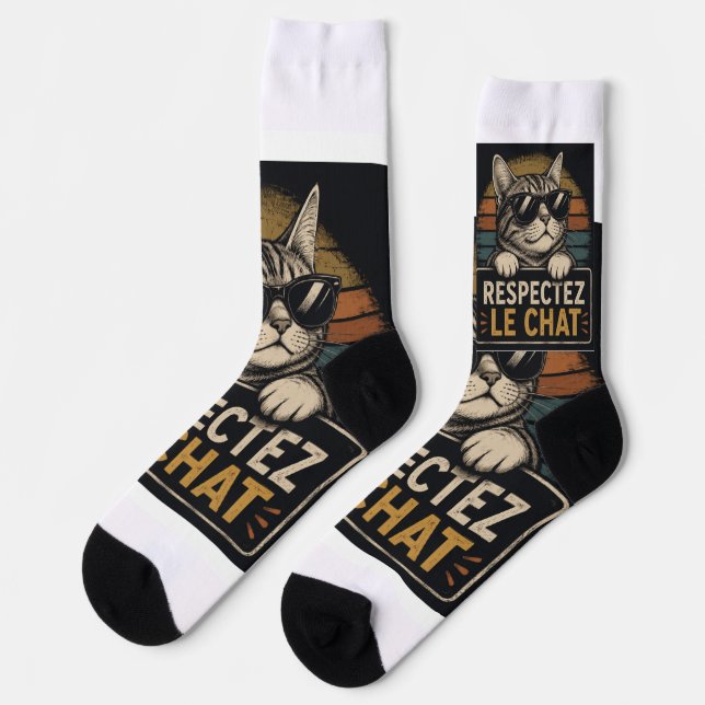 Chaussette Illustration de chat à lunettes avec typographie  (Gauche)