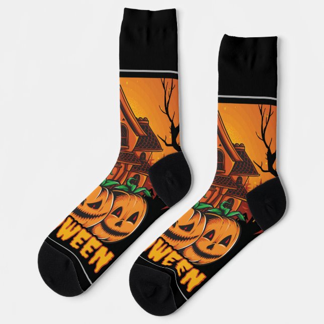 Chaussette Illustration de citrouille de maison hantée Hallow (Gauche)